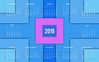 4k, Calendar 2019, lines, 2019 Yearly Calendar, blue material design, creative, abstract art, Year 2019 Calendar, artwork, 2019 calendars, material design, 2019 calendar