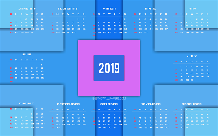 4k, Kalendern 2019, linjer, 2019 &#197;rliga Kalender, bl&#229; material design, kreativa, abstrakt konst, &#197;r 2019 Kalender, konstverk, 2019 kalendrar, material och design, 2019 kalender