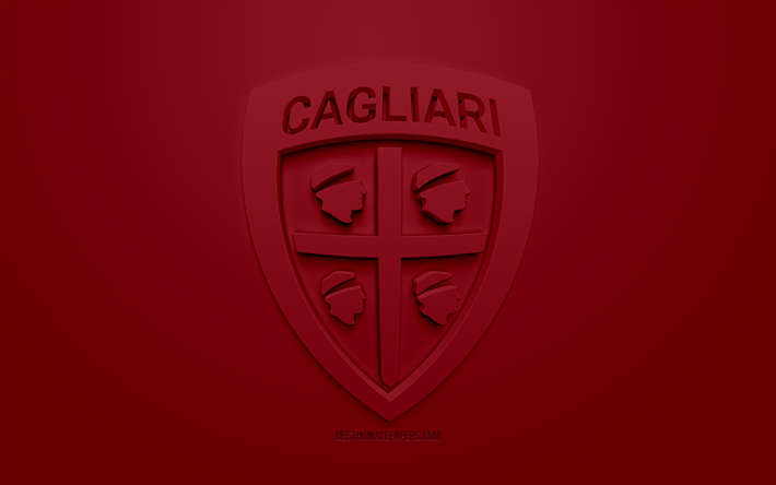 Cagliari Calcio, creative 3D logo, burgundy background, 3d emblem, Italian football club, Serie A, Caliari, Italy, 3d art, football, stylish 3d logo