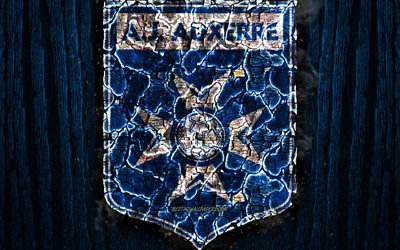 AJ Auxerre, scorched logo, Ligue 2, blue wooden background, french football club, Auxerre FC, grunge, football, soccer, Auxerre logo, fire texture, France