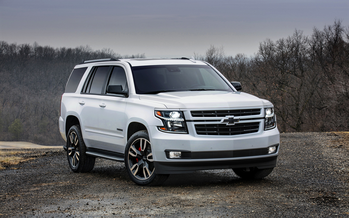 Chevrolet Tahoe, 2018, SUV, White luxury SUV, new white Tahoe, front view, American cars, evening, sunset, USA, Chevrolet