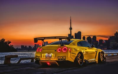 Nissan GT-R, tuning, R35, CN Tower, supercars, r&#246;d GT-R, Toronto, Kanada, HDR, japanska bilar, Nissan