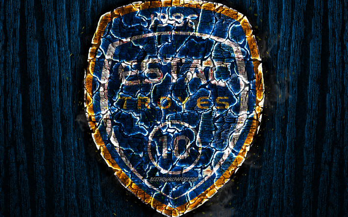 Troyes AC, scorched logo, Ligue 2, blue wooden background, french football club, Troyes FC, grunge, football, soccer, Troyes logo, fire texture, France