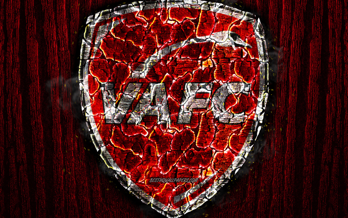 Valenciennes, poltetun logo, League 2, punainen puinen tausta, VAFC, ranskan football club, Valenciennes FC, grunge, jalkapallo, Valenciennes-logo, palo-rakenne, Ranska