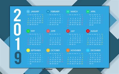 2019 calendar, blue abstract background, creative art, all months, blue 2019 calendar, 2019 concepts