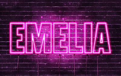 Emelia, 4k, wallpapers with names, female names, Emelia name, purple neon lights, horizontal text, picture with Emelia name