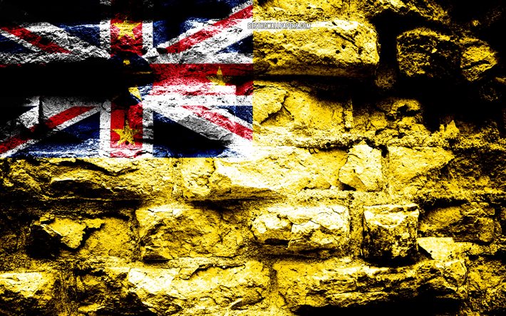 Niue flag, grunge brick texture, Flag of Niue, flag on brick wall, Niue, flags of Oceania countries