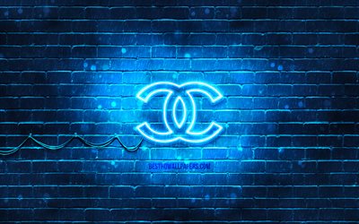 Chanel logo azul, 4k, azul brickwall, logotipo de Chanel, marcas, Chanel ne&#243;n logotipo de Chanel