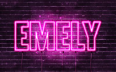 Emely, 4k, pap&#233;is de parede com os nomes de, nomes femininos, Emely nome, roxo luzes de neon, texto horizontal, imagem com nome Emely