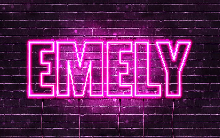 Emely, 4k, taustakuvia nimet, naisten nimi&#228;, Emely nimi, violetti neon valot, vaakasuuntainen teksti, kuva Emely nimi