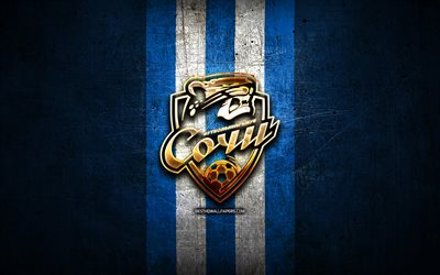 Sochi FC, golden logo, Russian Premier League, blue metal background, football, FC Sochi, russian football club, Sochi logo, soccer, Russia
