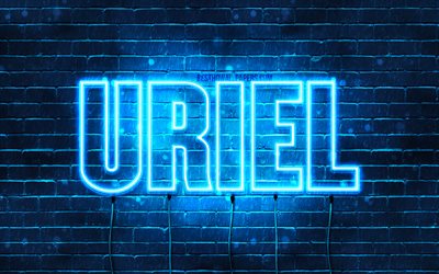 Uriel, 4k, 壁紙名, テキストの水平, Uriel名, 青色のネオン, 写真Uriel名