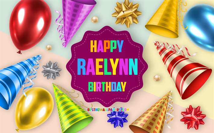 お誕生日おめでRaelynn, 4k, お誕生日のバルーンの背景, Raelynn, 【クリエイティブ-アート, 嬉しいRaelynn誕生日, シルク弓, Raelynn誕生日, 誕生パーティーの背景