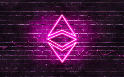 Ethereum viola logo, 4k, viola brickwall, Ethereum logo, cryptocurrency, Ethereum neon logo, cryptocurrency segni, Ethereum