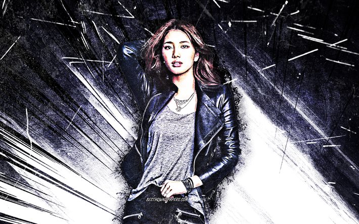 4k, Suzy, grunge art, K-pop, south korean singer, Miss A, black abstract rays, Bae Su-ji, South Korean celebrity, asian woman, beauty, Suzy 4K