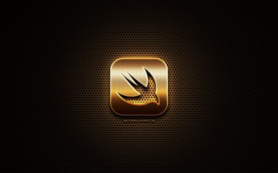 Swift glitter logo, programming language, grid metal background, Swift, creative, programming language signs, Swift logo