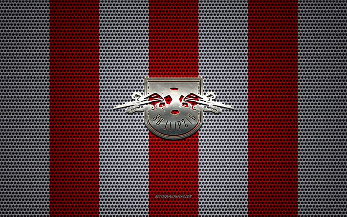 RB Leipzig logo, German football club, metal emblem, red-white metal mesh background, RB Leipzig, Bundesliga, Leipzig, Germany, football