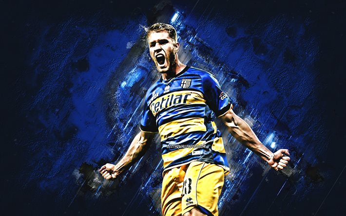 Riccardo Gagliolo, Parma Jalkapallo, muotokuva, italian jalkapalloilija, sininen kivi tausta, Serie, Italia, jalkapallo, Parma FC