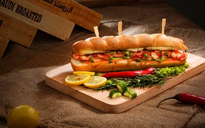 sandwich -, 4k -, fastfood -, bokeh, sandwich mit garnelen, meeresfr&#252;chte