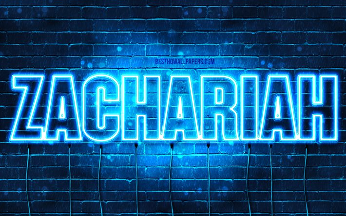 zacharias, 4k, tapeten, die mit namen, horizontaler text, sacharja, dem namen, blue neon lights, bild mit zachariah name