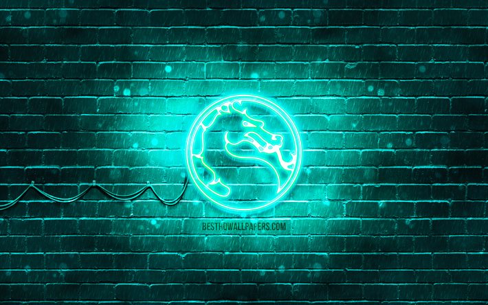 Mortal Kombat turquoise logo, 4k, turquoise brickwall, Mortal Kombat logo, 2020 games, Mortal Kombat neon logo, Mortal Kombat