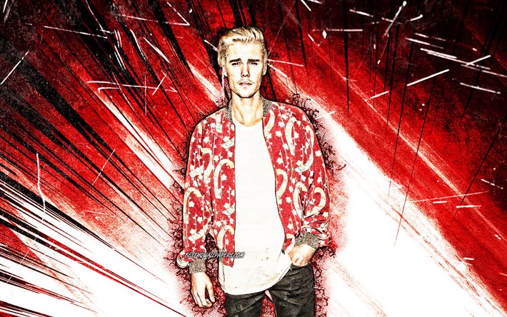 Justin Bieber, rojo, rojo abstracto rayos, 4k, american celebridad, grunge arte, estrellas de la m&#250;sica, Justin Drew Bieber, superestrellas, cantante, Justin Bieber 4K