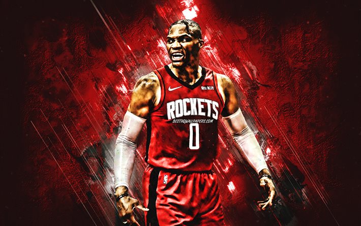 Russell Westbrook, Houston Rockets, Amerikan basketbol oyuncusu, NBA, kırmızı taş, arka plan, Basketbol