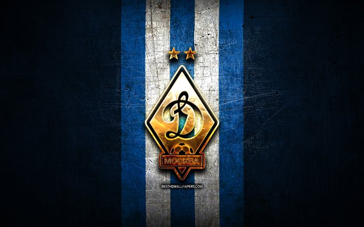 Dynamo Moscow FC, golden logo, Russian Premier League, blue metal background, football, Dynamo Moscow, russian football club, Dynamo Moscow logo, soccer, Russia