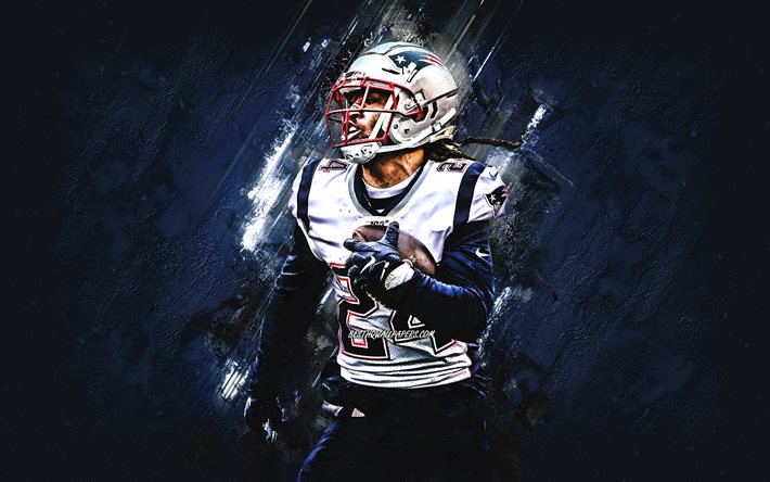 Stephon Gilmore, New England Patriots, NFL, football americano, ritratto, pietra blu di sfondo, Lega Nazionale di Football americano, USA