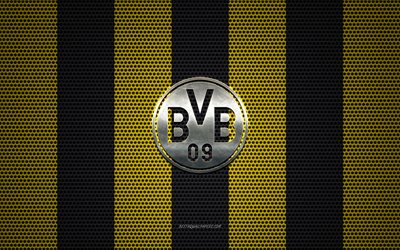 Borussia Dortmund logo, German football club, BVB logo, metal emblem, yellow-black metal mesh background, Borussia Dortmund, Bundesliga, Dortmund, Germany, football