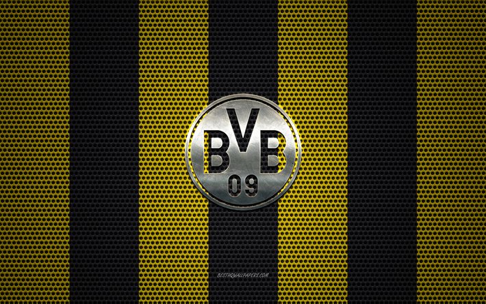 borussia dortmund logo, deutscher fu&#223;ball-club, bvb-logo, metall-emblem, yellow-black-metal-mesh-hintergrund, borussia dortmund, bundesliga, dortmund, fu&#223;ball