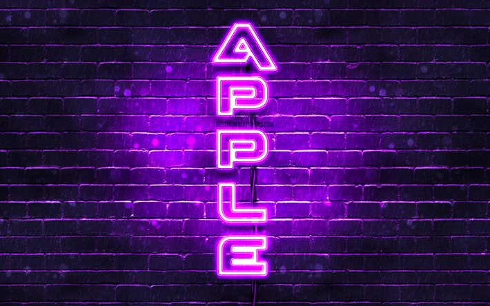 4K, Apple violett logotyp, vertikal text, violett brickwall, Apple neon logotyp, kreativa, Apples logotyp, konstverk, Apple