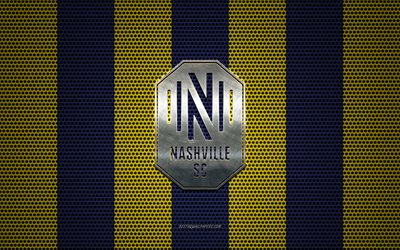 Nashville SC new logo, American football club, metal emblem, yellow-blue metal mesh background, Nashville SC, MLS, Nashville, Tennessee, USA, football