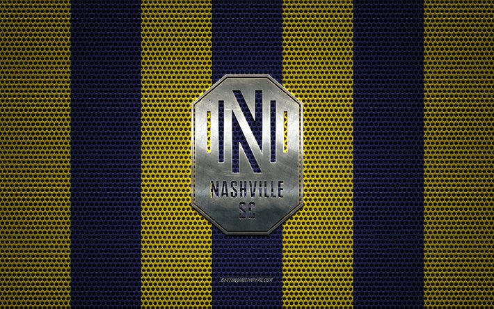 Nashville SC new logo, American football club, metal emblem, yellow-blue metal mesh background, Nashville SC, MLS, Nashville, Tennessee, USA, football