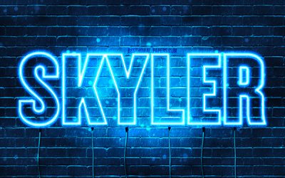 Skyler, 4k, fondos de pantalla con los nombres, el texto horizontal, Skyler nombre, luces azules de ne&#243;n, imagen con Skyler nombre