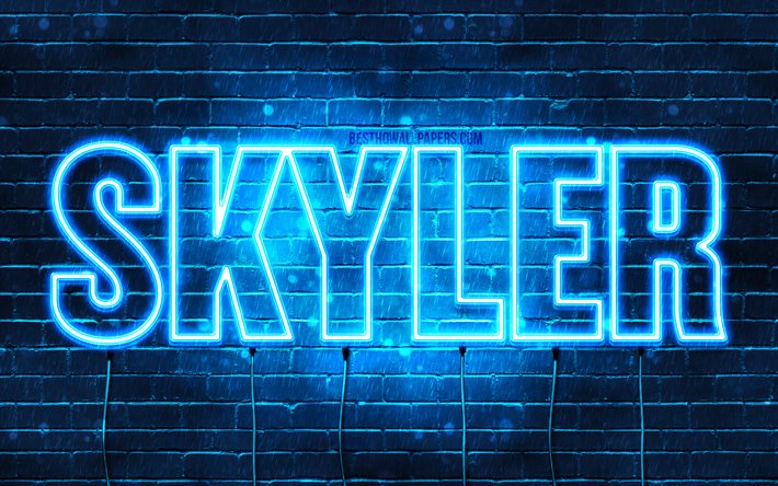 Skyler, 4k, taustakuvia nimet, vaakasuuntainen teksti, Skyler nimi, blue neon valot, kuva Skyler nimi