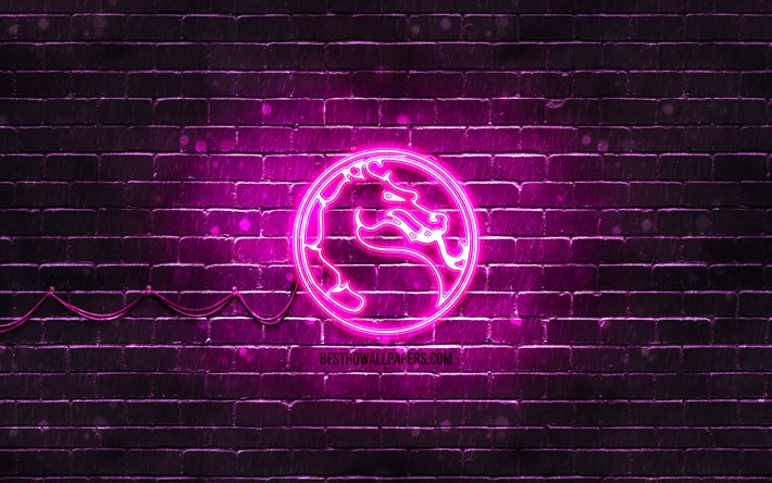 Mortal Kombat purple logo, 4k, purple brickwall, Mortal Kombat logo, 2020 games, Mortal Kombat neon logo, Mortal Kombat