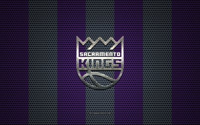 Sacramento Kings logo, American basketball club, metal emblem, violet-gray metal mesh background, Sacramento Kings, NBA, Sacramento, California, USA, basketball
