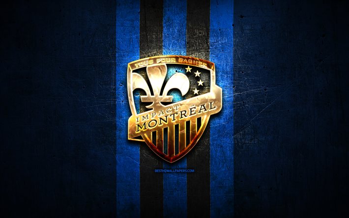 Montreal Impact FC, golden logo, MLS, blue metal background, american soccer club, Montreal Impact, United Soccer League, Montreal Impact logo, soccer, Canada