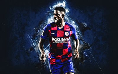 Samuel Umtiti, FC Barcelona, Franska fotbollsspelare, portr&#228;tt, Ligan, bl&#229; sten bakgrund, fotboll