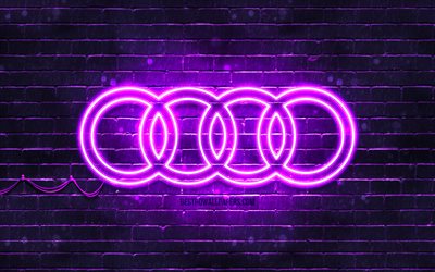 Audi violett logotyp, 4k, violett brickwall, Audi logotyp, bilar varum&#228;rken, Audi neon logotyp, Audi