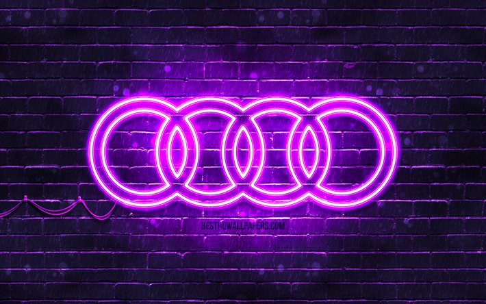 Audi violette logo, 4k, violet brickwall, logo Audi, voitures, marques, Audi n&#233;on logo Audi