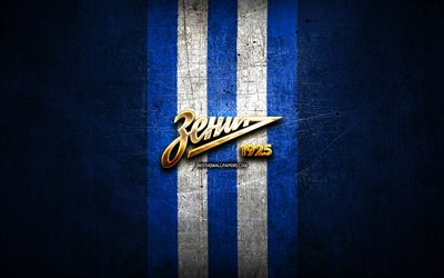 Zenit FC, golden logotyp, Ryska Premier League, bl&#229; metall bakgrund, fotboll, FC Zenit, ryska fotbollsklubb, Zenit logotyp, Ryssland