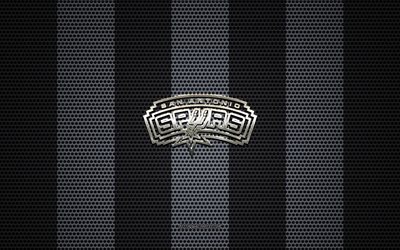 San Antonio Spurs logotyp, Amerikansk basket club, metall emblem, svart gr&#229; metall mesh bakgrund, San Antonio Spurs, NBA, San Antonio, Texas, USA, basket
