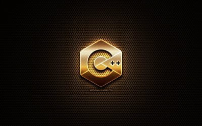 C Plus Plus glitter logo, programming language, grid metal background, C Plus Plus, creative, programming language signs, C Plus Plus logo