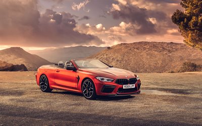 BMW M8 كابريو, 4k, الطرق الوعرة, 2020 السيارات, F91, في المملكة المتحدة-spec, 2020 BMW M8, السيارات الألمانية, BMW