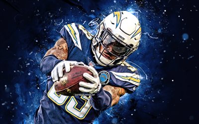 Derwin James, 4k, NFL, strong safety, Los Angeles Chargers, american football, Derwin Alonzo James Jr, LA Chargers, National Football League, neon lights, Derwin James LA Chargers