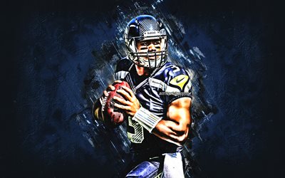 Russell Wilson, Seattle Seahawks, NFL, muotokuva, amerikkalainen jalkapallo, sininen kivi tausta, National Football League