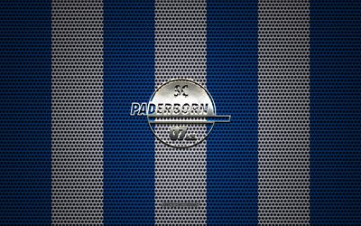 SC Paderborn 07 logo, German football club, metal emblem, blue white metal mesh background, SC Paderborn 07, Bundesliga, Paderborn, Germany, football