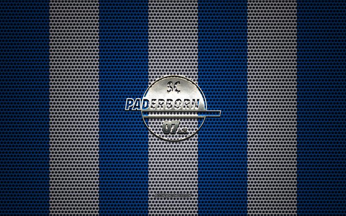 SC Paderborn 07 logo, German football club, metal emblem, blue white metal mesh background, SC Paderborn 07, Bundesliga, Paderborn, Germany, football